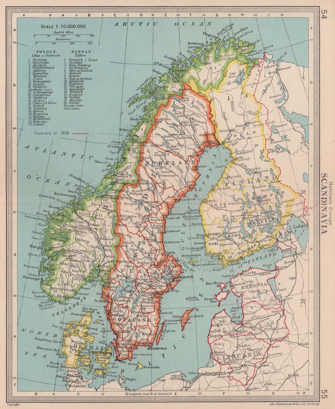Scandinavia. Nordics. Sweden Norway Finland 1939 frontiers. BARTHOLOMEW 1949 map